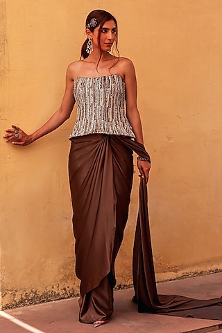 Brown Milani Satin Draped Saree Set by Label Moni K