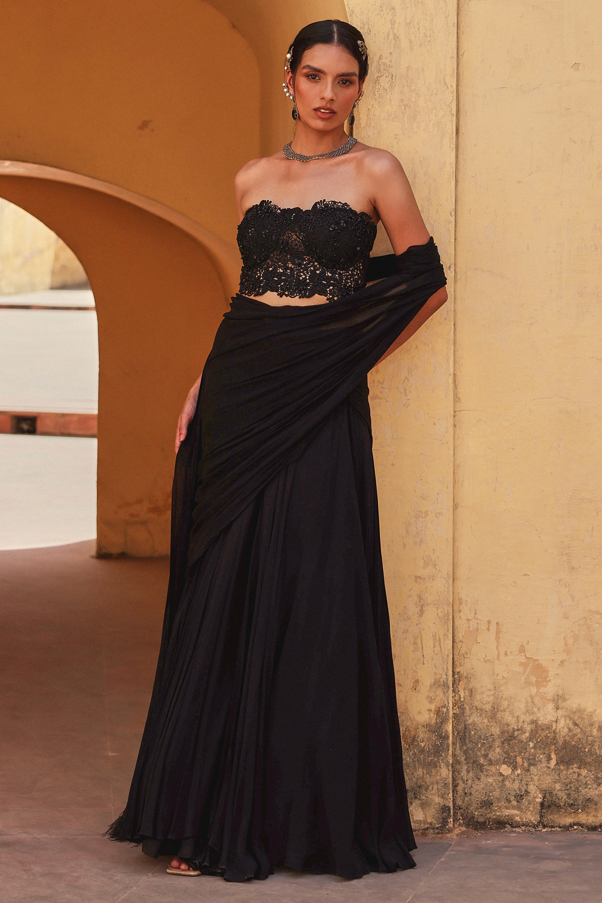 Black Georgette Draped Skirt Set by Label Moni K at Pernia's Pop Up Shop