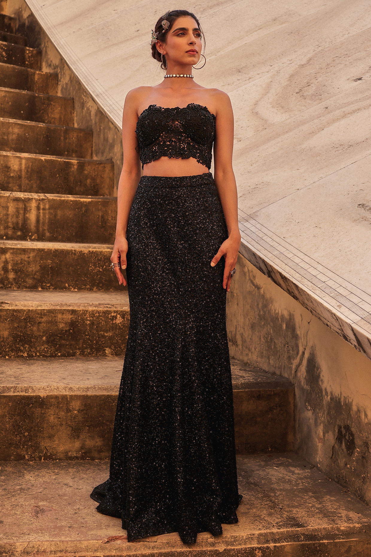 Black Net Sequins Embroidered Skirt Set by Label Moni K at Pernia's Pop Up Shop