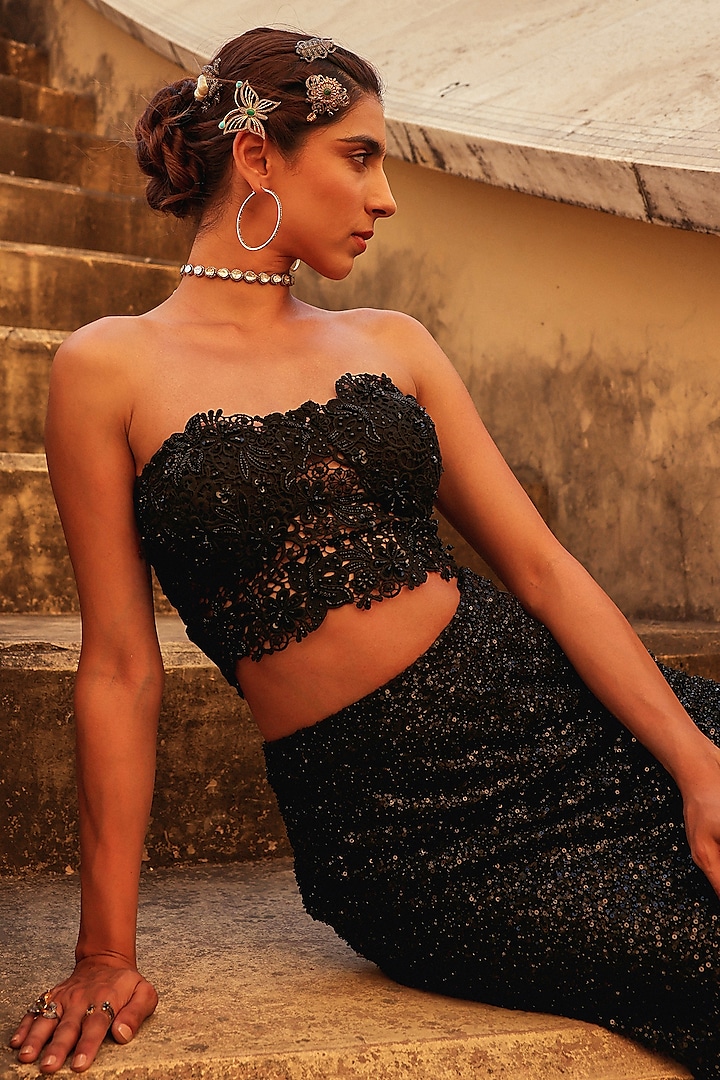 Black Net Sequins Embroidered Skirt Set by Label Moni K at Pernia's Pop Up Shop