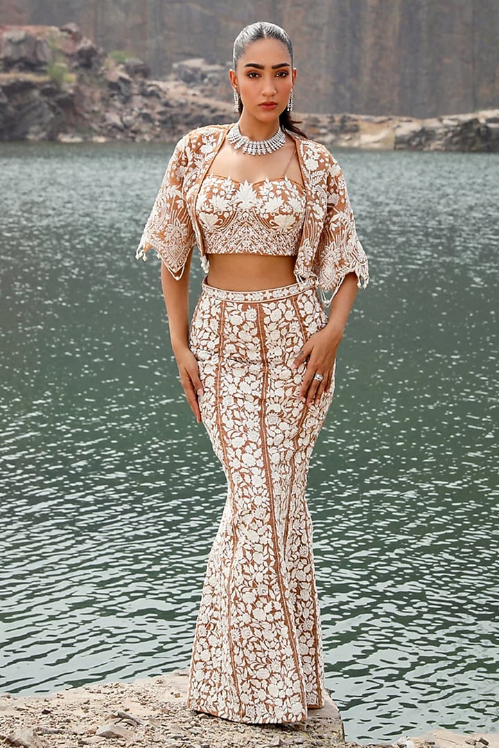 Champagne Organza Hand Embroidered Jacket Wedding Lehenga Set by Label Moni K at Pernia's Pop Up Shop