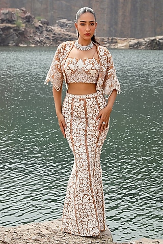 Champagne Organza Hand Embroidered Jacket Lehenga Set by Label Moni K