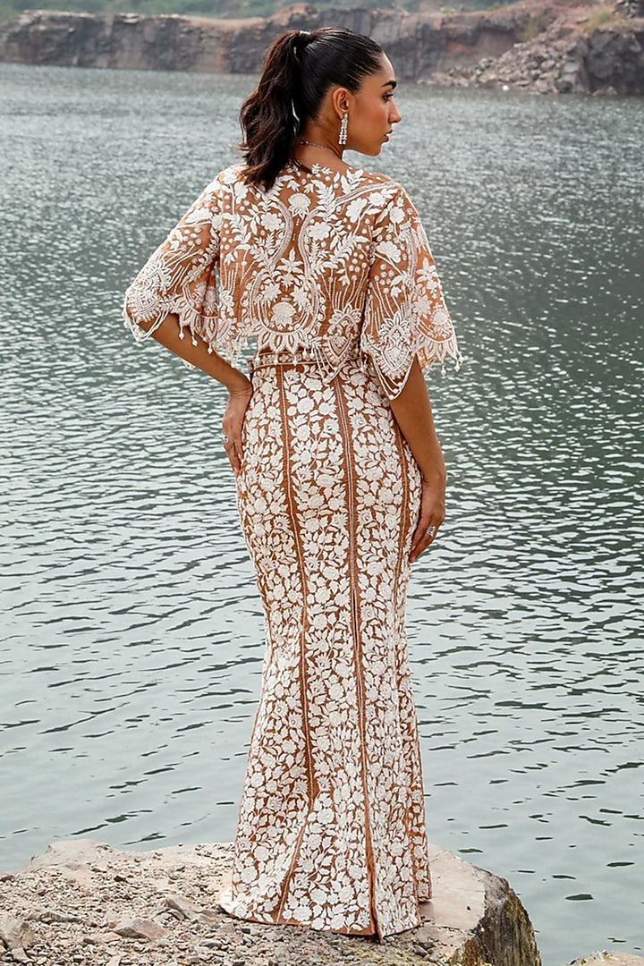 Champagne Organza Hand Embroidered Jacket Wedding Lehenga Set by Label Moni K at Pernia's Pop Up Shop