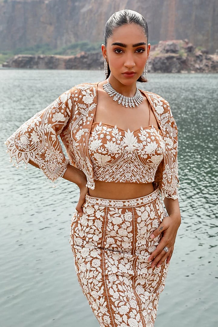 Champagne Organza Hand Embroidered Jacket Wedding Lehenga Set by Label Moni K at Pernia's Pop Up Shop