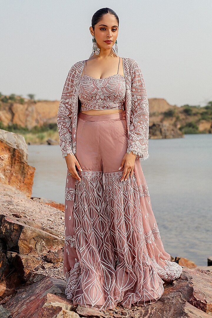 Mauve Organza Crystal Embroidered Jacket Set by Label Moni K at Pernia's Pop Up Shop