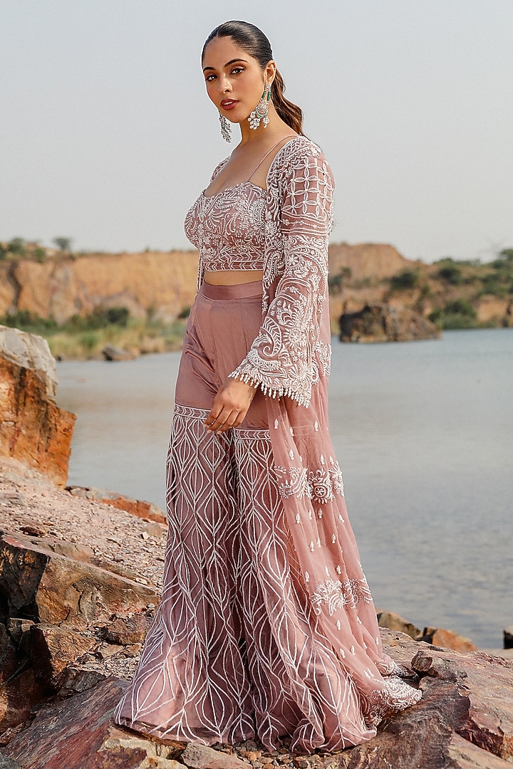 Mauve Organza Crystal Embroidered Jacket Set by Label Moni K at Pernia's Pop Up Shop