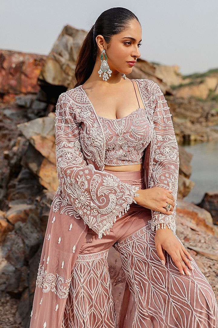Mauve Organza Crystal Embroidered Jacket Set by Label Moni K at Pernia's Pop Up Shop