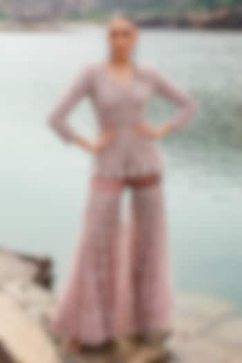 Mauve Organza Crystal Embroidered Gharara Set by Label Moni K at Pernia's Pop Up Shop