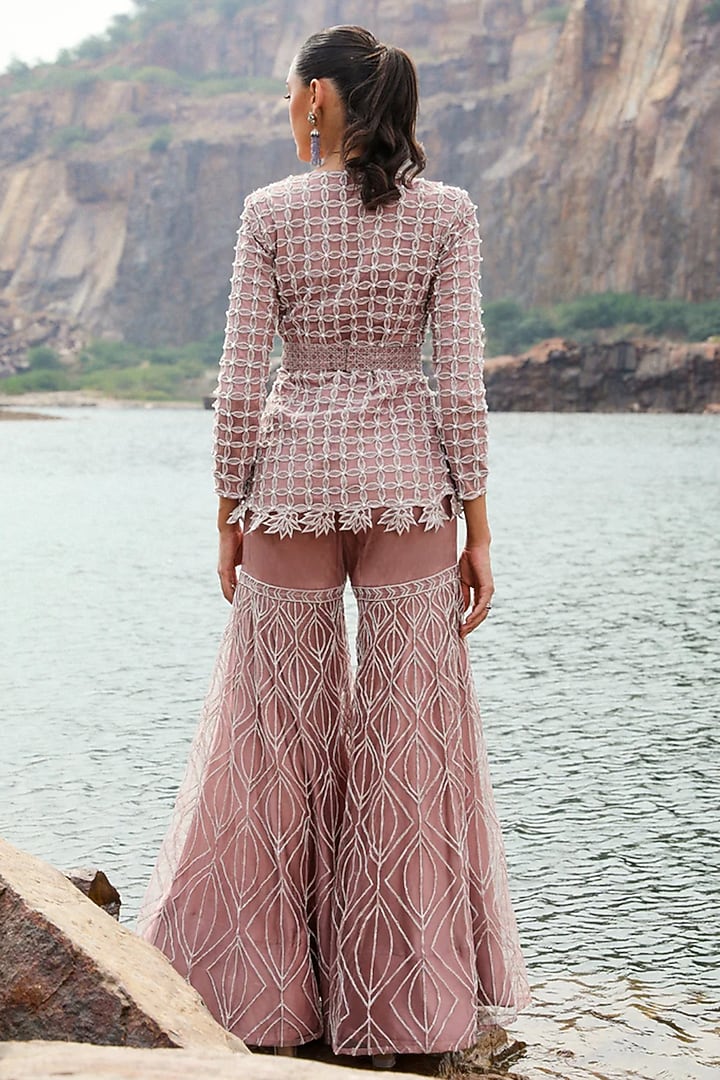 Mauve Organza Crystal Embroidered Gharara Set by Label Moni K at Pernia's Pop Up Shop