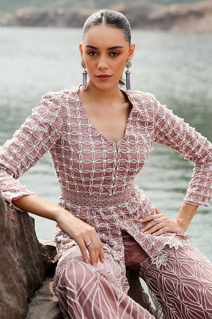 Mauve Organza Crystal Embroidered Gharara Set by Label Moni K at Pernia's Pop Up Shop