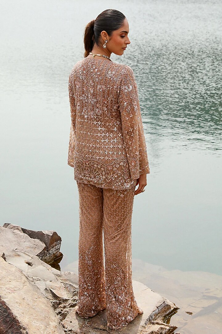 Golden Net Floral Hand Embroidered Co-Ord Set by Label Moni K at Pernia's Pop Up Shop