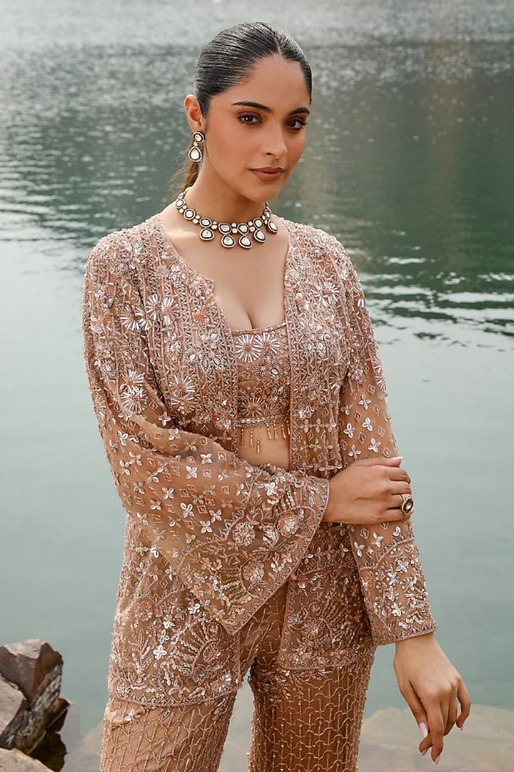 Golden Net Floral Hand Embroidered Co-Ord Set by Label Moni K at Pernia's Pop Up Shop