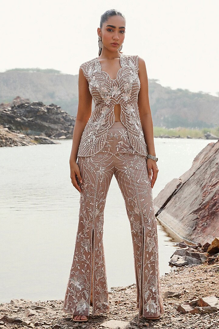 Nude Organza Hand Embroidered Co-Ord Set by Label Moni K at Pernia's Pop Up Shop