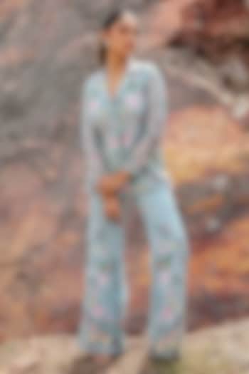 Flamingo Green Net Hand Embroidered Party Wear Sharara Set by Label Moni K at Pernia's Pop Up Shop