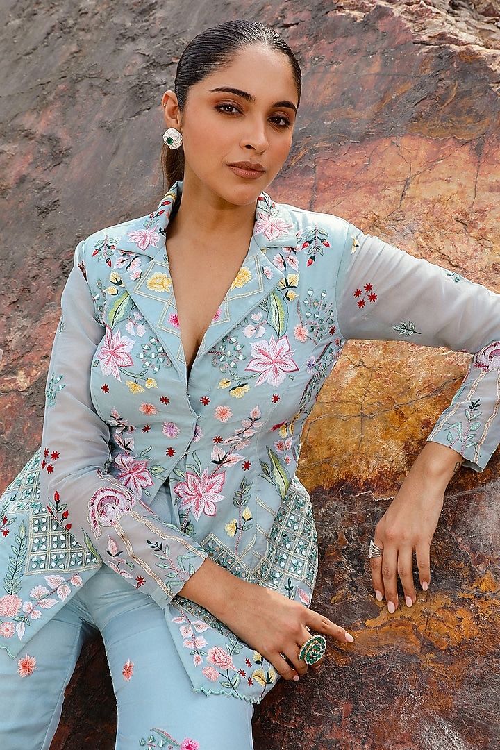 Flamingo Green Net Hand Embroidered Party Wear Sharara Set by Label Moni K at Pernia's Pop Up Shop