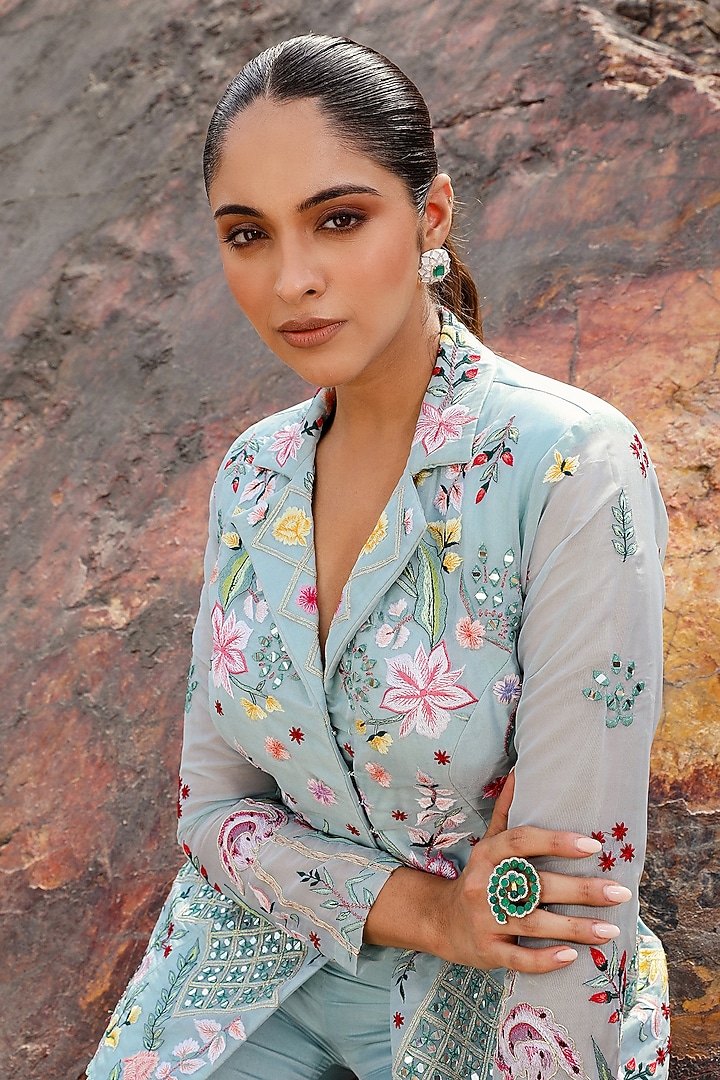Flamingo Green Net Hand Embroidered Party Wear Sharara Set by Label Moni K at Pernia's Pop Up Shop