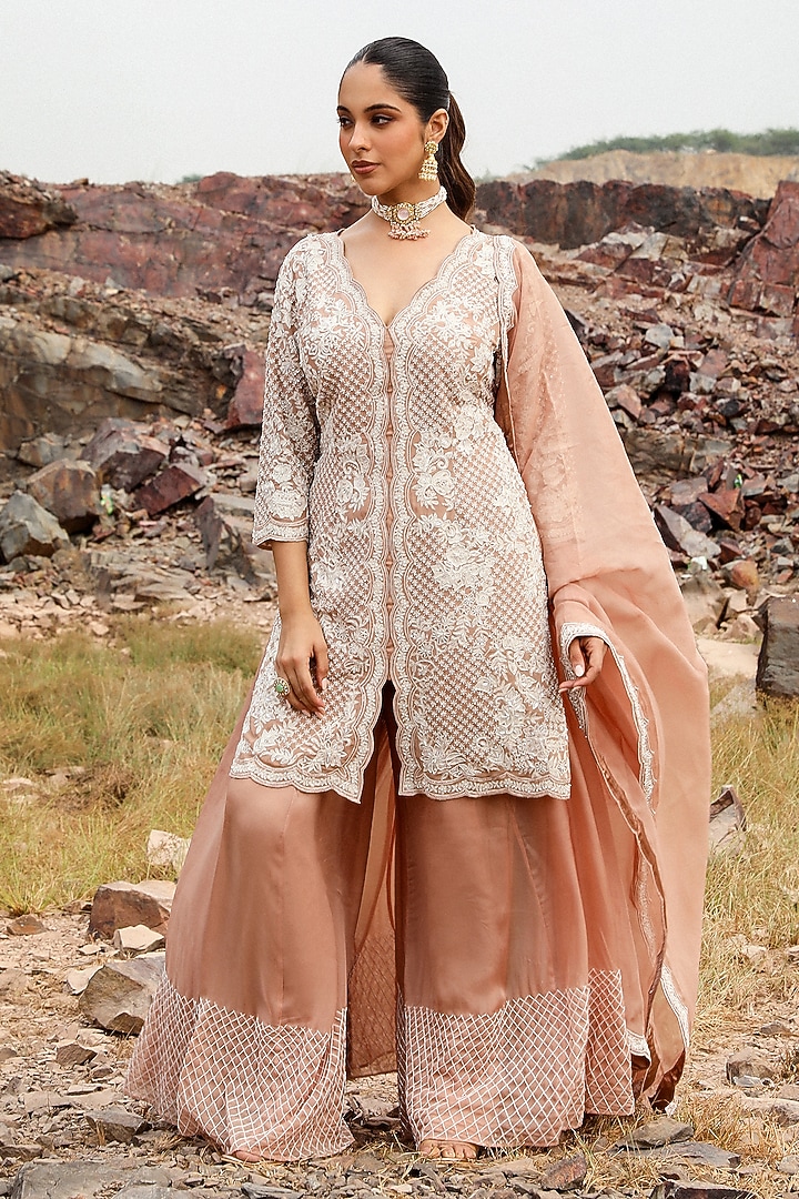 Champagne Organza Hand Embroidered Wedding Sharara Set by Label Moni K at Pernia's Pop Up Shop