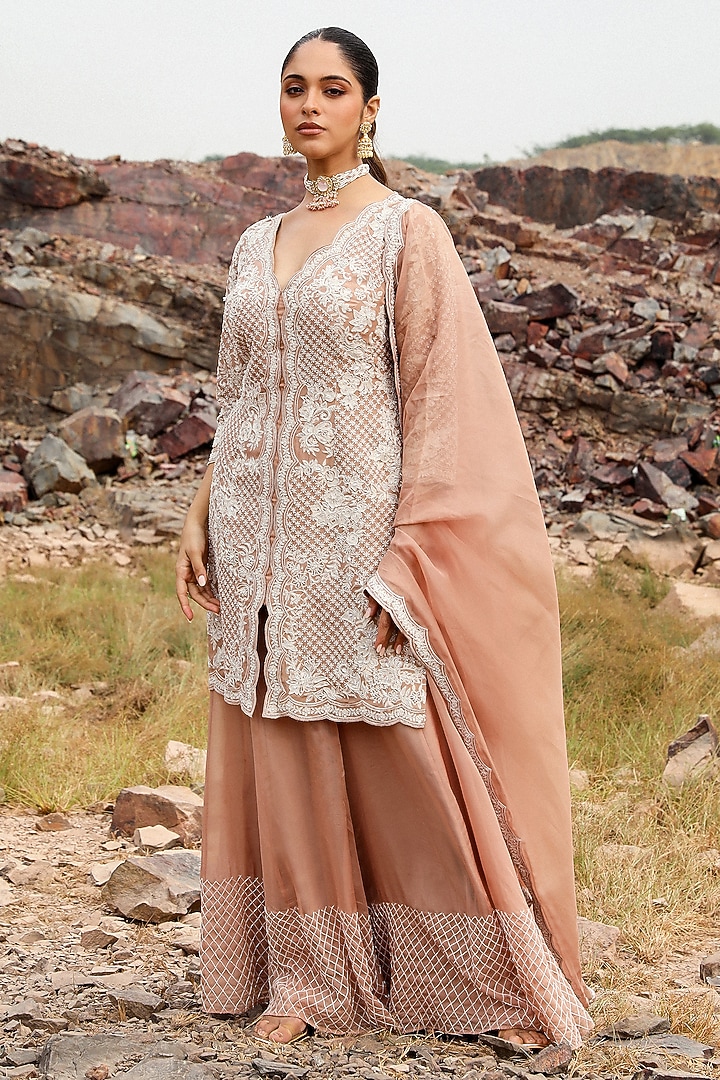 Champagne Organza Hand Embroidered Wedding Sharara Set by Label Moni K at Pernia's Pop Up Shop