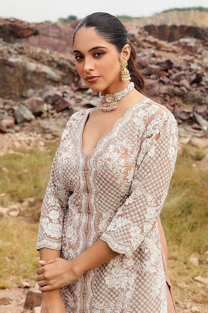 Champagne Organza Hand Embroidered Wedding Sharara Set by Label Moni K at Pernia's Pop Up Shop