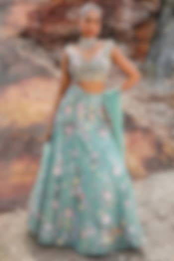 Green Organza Hand Embroidered Wedding Lehenga Set by Label Moni K at Pernia's Pop Up Shop