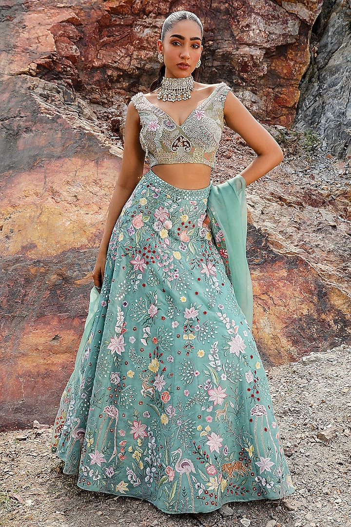 Green Organza Hand Embroidered Wedding Lehenga Set by Label Moni K at Pernia's Pop Up Shop