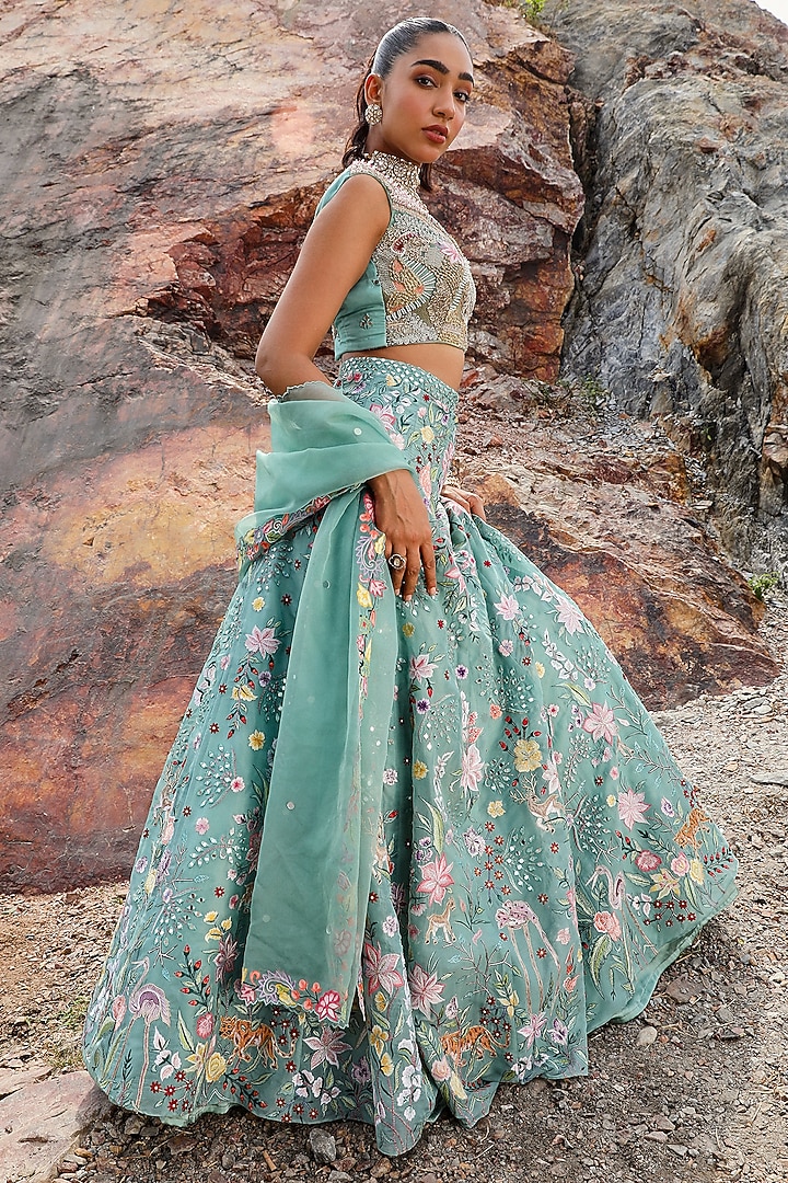Green Organza Hand Embroidered Wedding Lehenga Set by Label Moni K at Pernia's Pop Up Shop