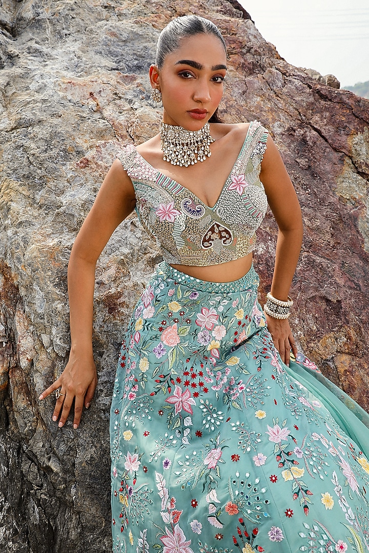 Green Organza Hand Embroidered Wedding Lehenga Set by Label Moni K at Pernia's Pop Up Shop