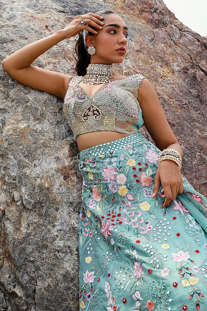 Green Organza Hand Embroidered Wedding Lehenga Set by Label Moni K at Pernia's Pop Up Shop