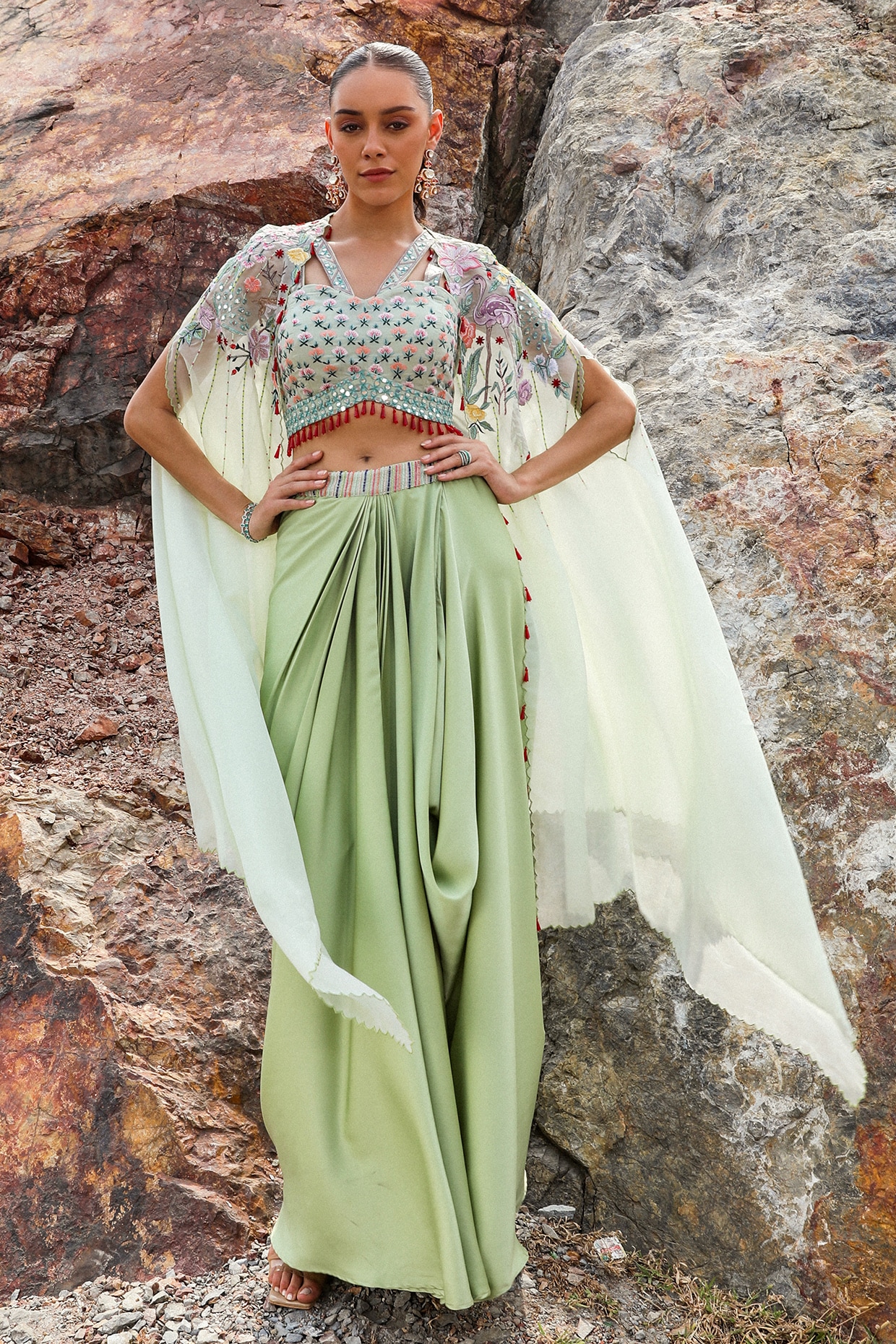 Label Moni K Green Organza Dhoti Skirt Set