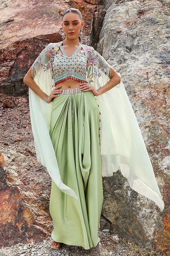 Green Organza Dhoti Skirt Set by Label Moni K at Pernia's Pop Up Shop