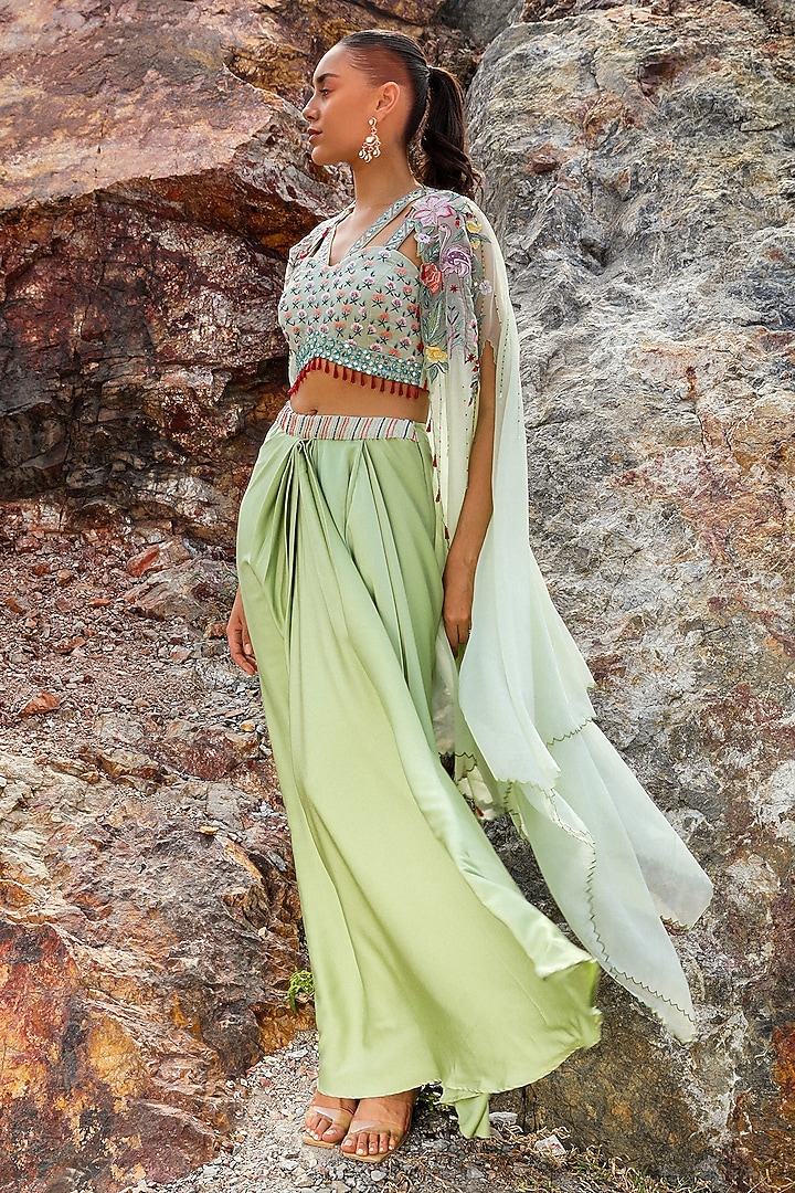 Green Organza Dhoti Skirt Set by Label Moni K at Pernia's Pop Up Shop