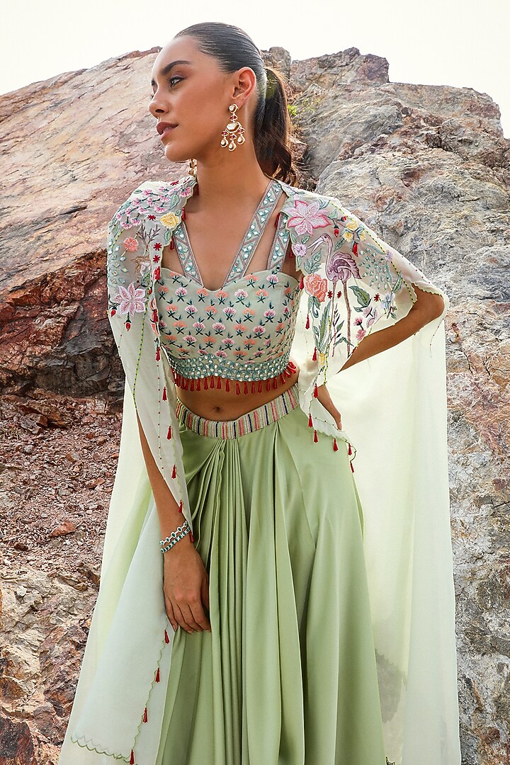 Green Organza Dhoti Skirt Set by Label Moni K at Pernia's Pop Up Shop