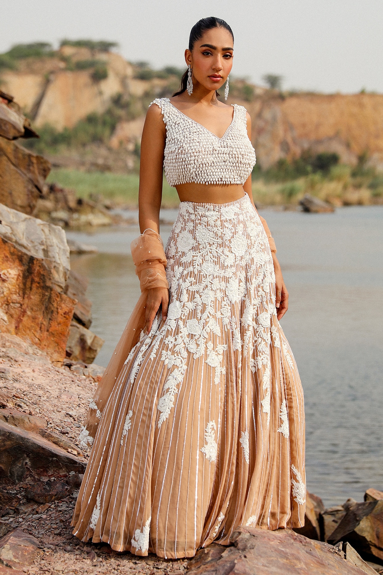 Label Moni K Champagne Net Pearl Embroidered Lehenga Set