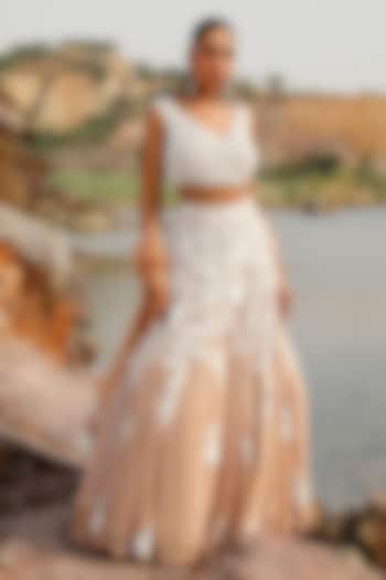 Champagne Net Pearl Embroidered Wedding Lehenga Set by Label Moni K at Pernia's Pop Up Shop