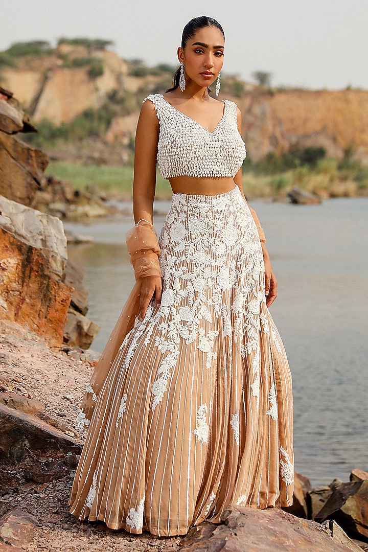Champagne Net Pearl Embroidered Wedding Lehenga Set by Label Moni K at Pernia's Pop Up Shop