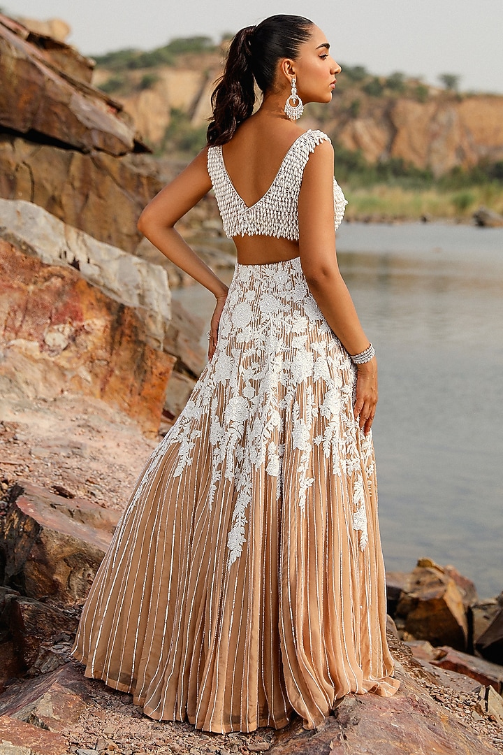 Champagne Net Pearl Embroidered Wedding Lehenga Set by Label Moni K at Pernia's Pop Up Shop