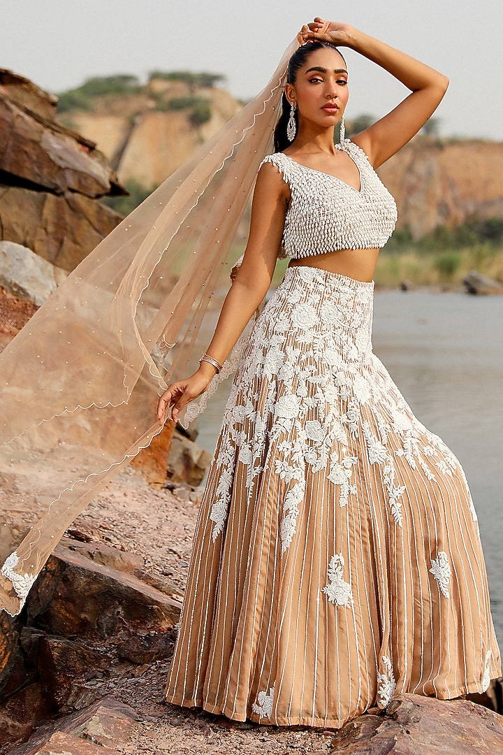 Champagne Net Pearl Embroidered Wedding Lehenga Set by Label Moni K at Pernia's Pop Up Shop