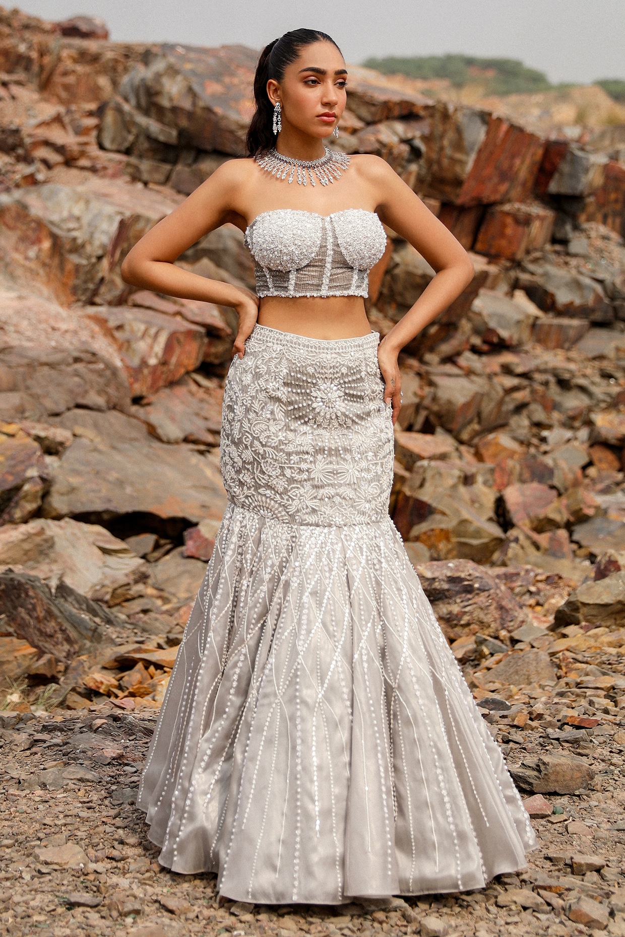 Label Moni K Grey Organza Crystal Embroidered Fish-Cut Lehenga Set