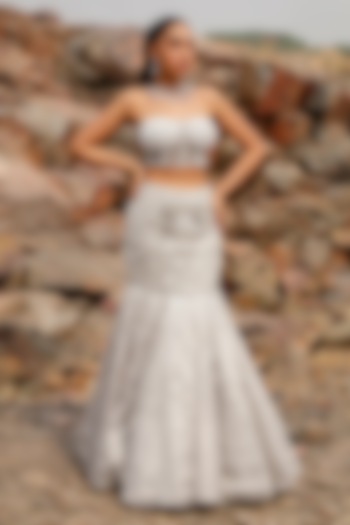 Grey Organza Crystal Embroidered Fish-Cut Wedding Lehenga Set by Label Moni K at Pernia's Pop Up Shop