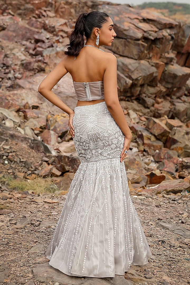 Grey Organza Crystal Embroidered Fish-Cut Wedding Lehenga Set by Label Moni K at Pernia's Pop Up Shop