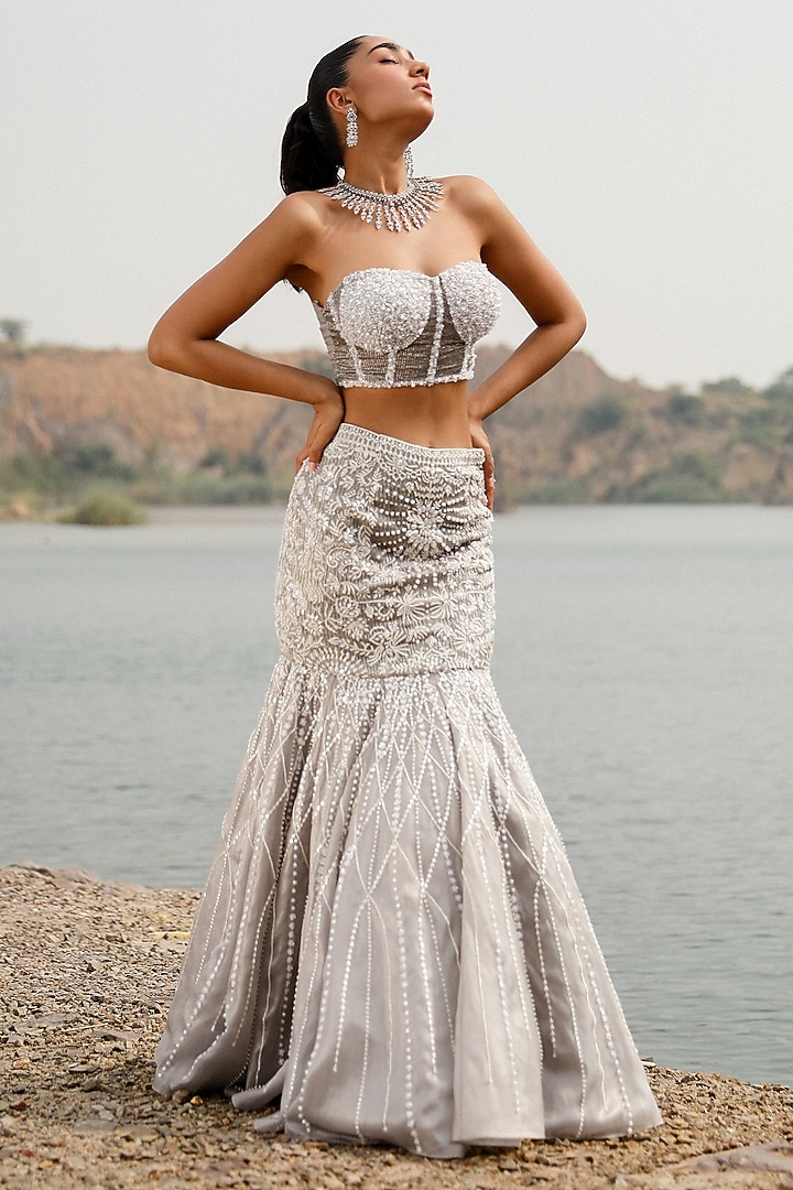 Grey Organza Crystal Embroidered Fish-Cut Wedding Lehenga Set by Label Moni K at Pernia's Pop Up Shop