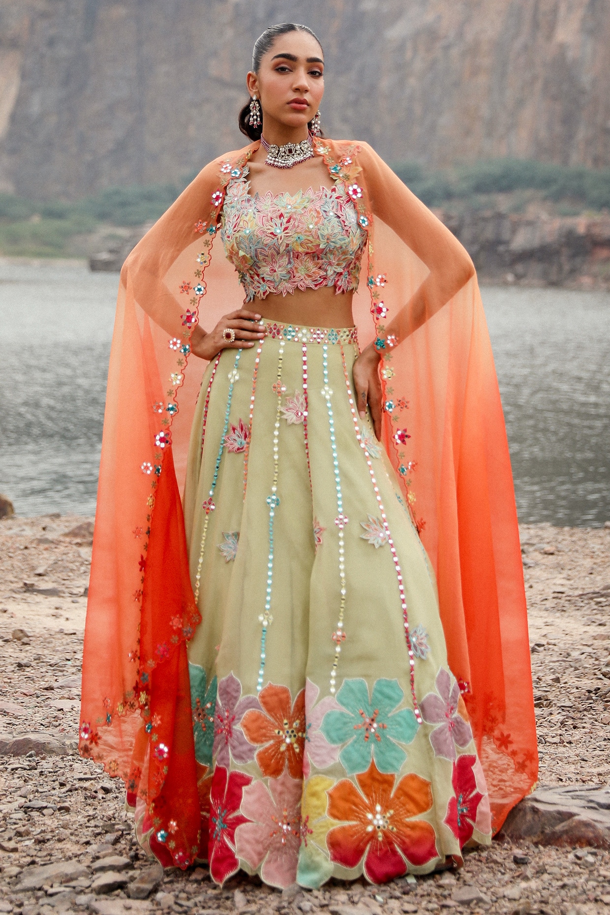 Label Moni K Green & Orange Net Applique Embroidered Lehenga Set