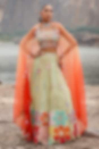 Green & Orange Net Applique Embroidered Wedding Lehenga Set by Label Moni K at Pernia's Pop Up Shop