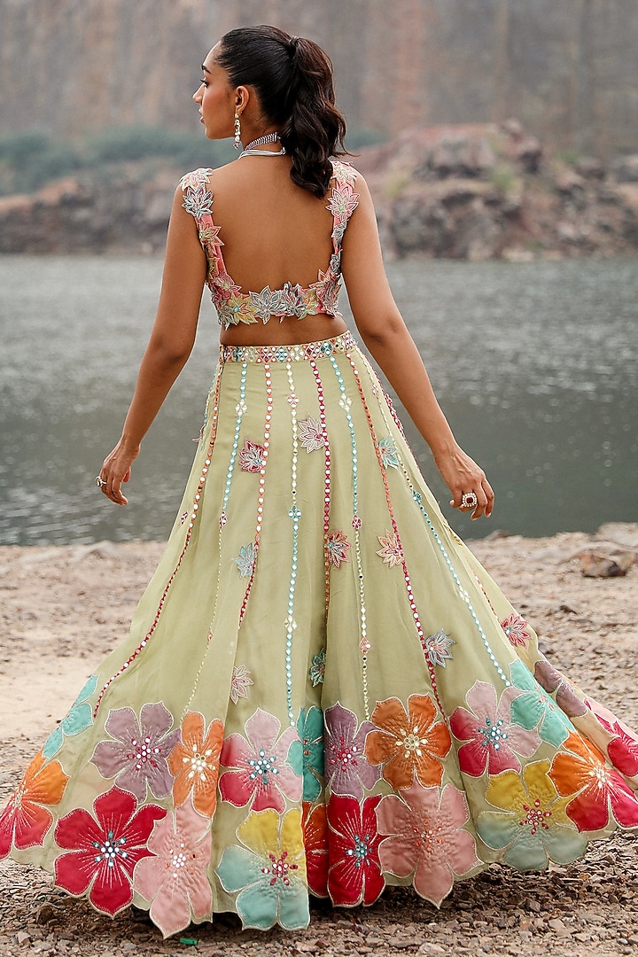 Green & Orange Net Applique Embroidered Wedding Lehenga Set by Label Moni K at Pernia's Pop Up Shop