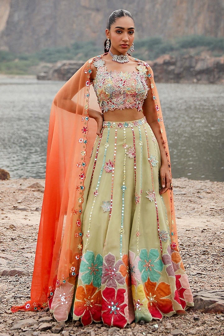 Green & Orange Net Applique Embroidered Wedding Lehenga Set by Label Moni K at Pernia's Pop Up Shop