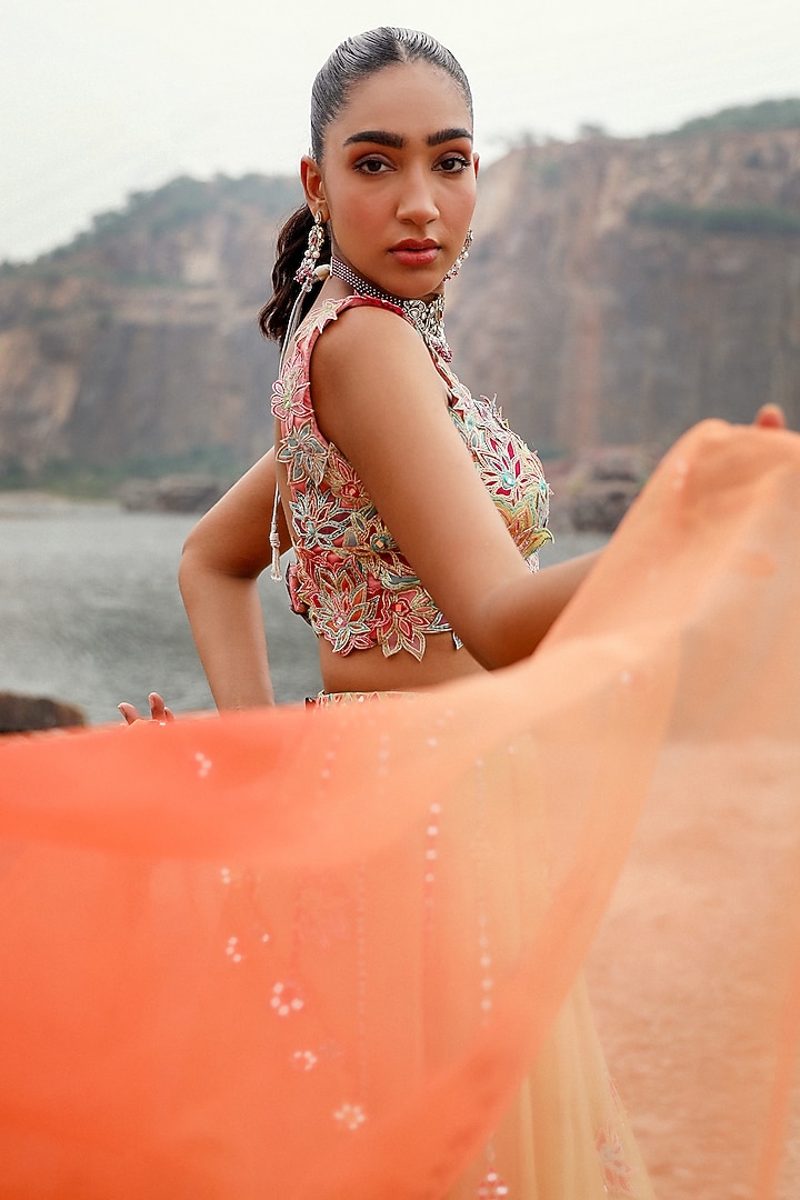 Green & Orange Net Applique Embroidered Wedding Lehenga Set by Label Moni K at Pernia's Pop Up Shop