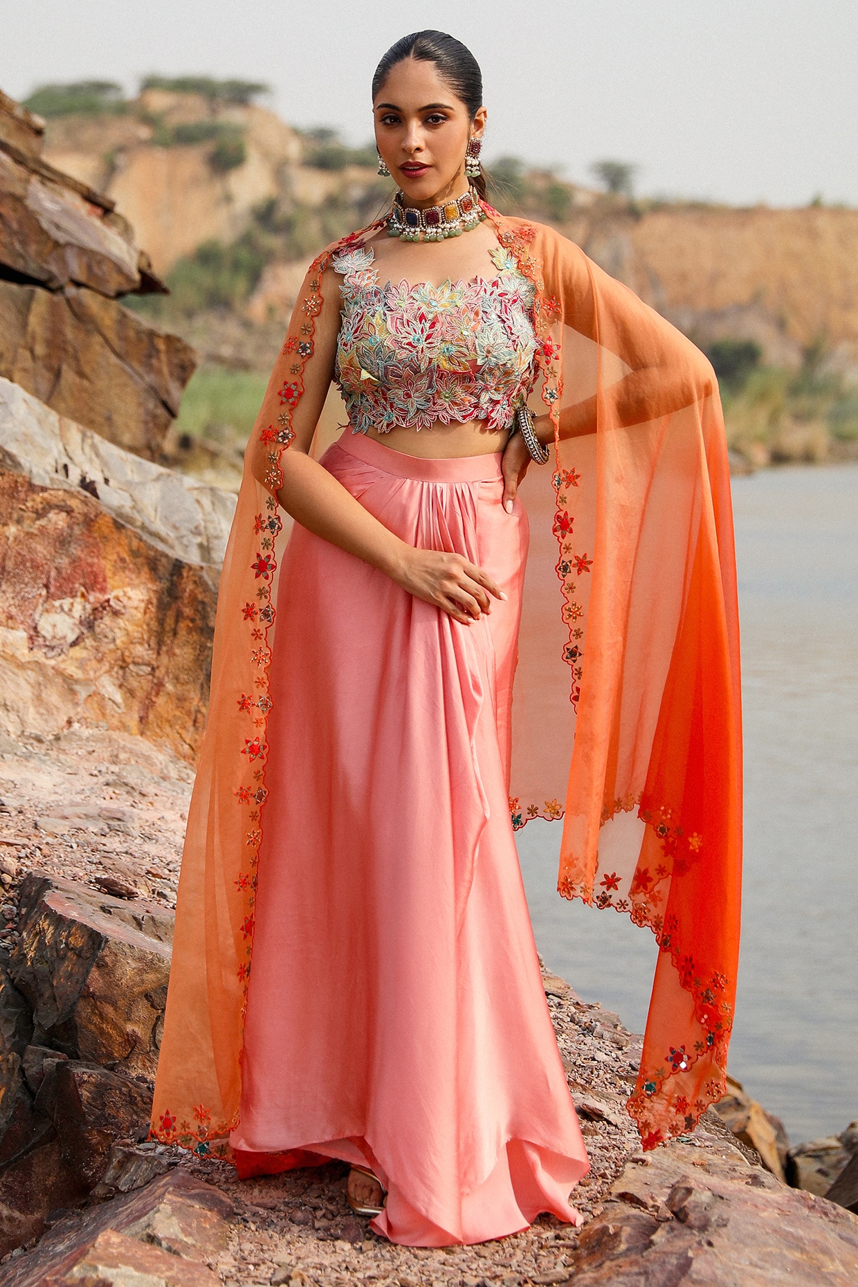 Label Moni K Pink Satin Draped Dhoti Skirt Set