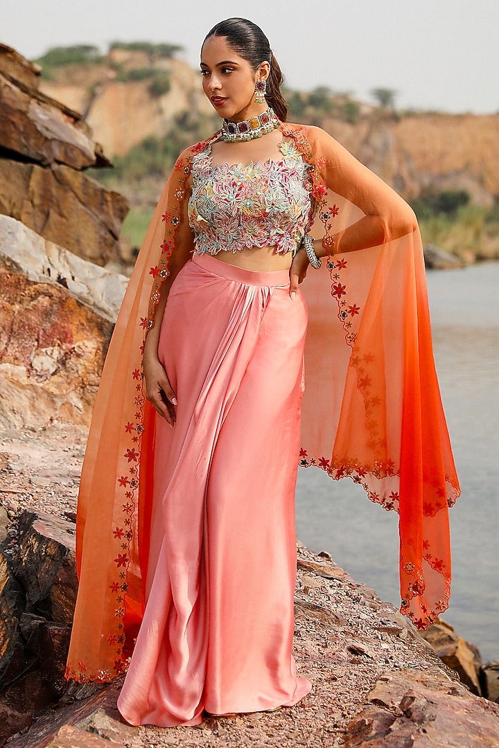 Pink Satin Draped Dhoti Skirt Set by Label Moni K at Pernia's Pop Up Shop