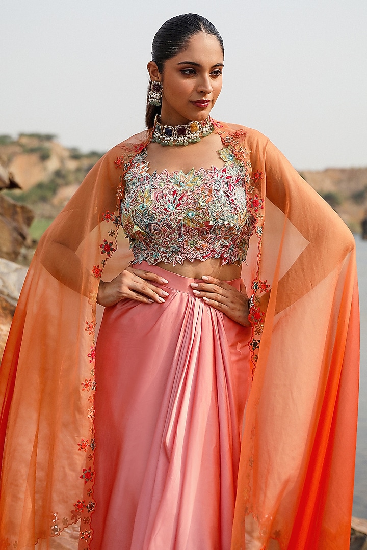 Pink Satin Draped Dhoti Skirt Set by Label Moni K at Pernia's Pop Up Shop
