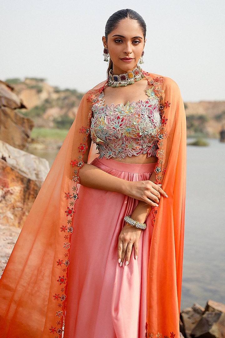 Pink Satin Draped Dhoti Skirt Set by Label Moni K at Pernia's Pop Up Shop